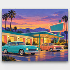Neon Motel at Dusk paint by numbers kit of a mid-century roadside motel at dusk with a glowing neon sign and vintage cars