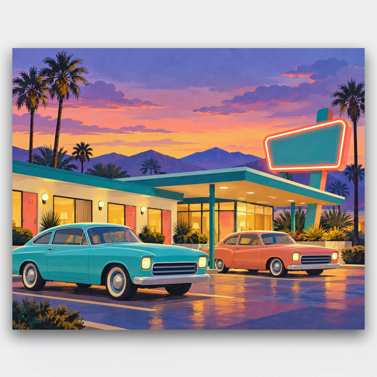 Neon Motel at Dusk paint by numbers kit of a mid-century roadside motel at dusk with a glowing neon sign and vintage cars