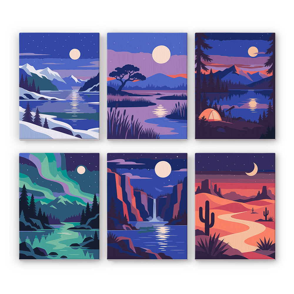 Night Sky Journeys mini paint by numbers set: six moonlit landscapes of mountains, lakes, northern lights, a canyon and a desert