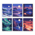 Night Sky Journeys mini paint by numbers set: six moonlit landscapes of mountains, lakes, northern lights, a canyon and a desert