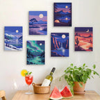 Six finished Night Sky Journeys mini paintings hung on a wall above a table
