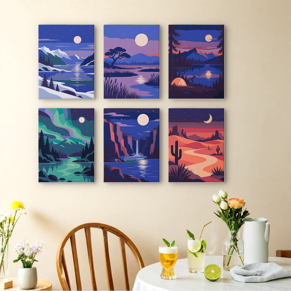 Night Sky Journeys mini paintings displayed as a gallery wall in a sunny kitchen