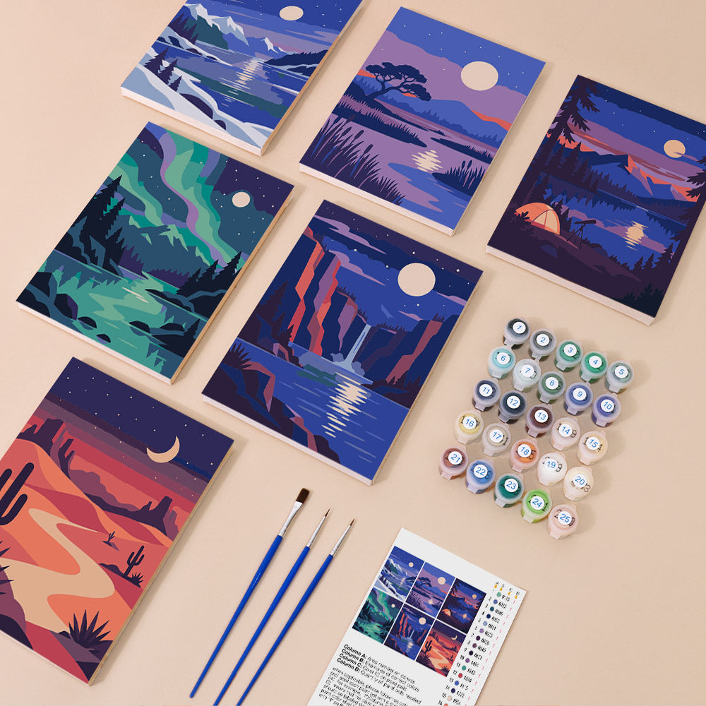 Night Sky Journeys mini paint by numbers kit with six numbered canvases, acrylic paints, brushes and layout