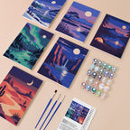 Night Sky Journeys mini paint by numbers kit with six numbered canvases, acrylic paints, brushes and layout