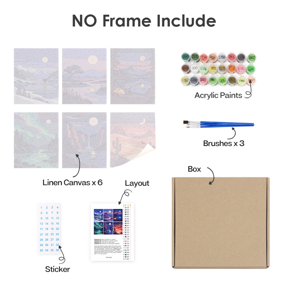 What's included without a frame: six rolled Night Sky Journeys mini canvases, acrylic paints, three brushes and layout