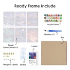 What's included pre-stretched on frame: six framed Night Sky Journeys mini canvases, paints, three brushes, hangers and layout