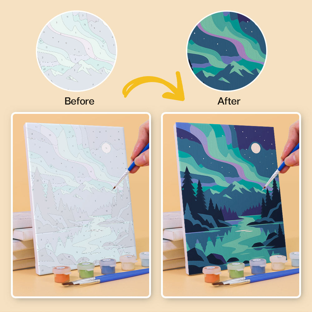 Before and after of a Night Sky Journeys mini paint by numbers canvas