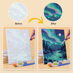 Before and after of a Night Sky Journeys mini paint by numbers canvas
