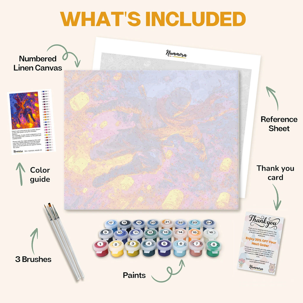 What's included in the Ninja’s Fight paint by numbers kit: numbered linen canvas, reference sheet, color guide, 24 acrylic paints, 3 brushes and thank you card