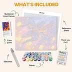 What's included in the Ninja’s Fight paint by numbers kit: numbered linen canvas, reference sheet, color guide, 24 acrylic paints, 3 brushes and thank you card