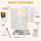 What's included in the Noble Archer paint by numbers kit: numbered linen canvas, reference sheet, color guide, 24 acrylic paints, 3 brushes and thank you card