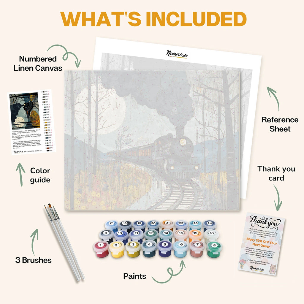 What's included in the Nocturnal Passage paint by numbers kit: numbered linen canvas, reference sheet, color guide, 24 acrylic paints, 3 brushes and thank you card