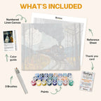 What's included in the Nocturnal Passage paint by numbers kit: numbered linen canvas, reference sheet, color guide, 24 acrylic paints, 3 brushes and thank you card