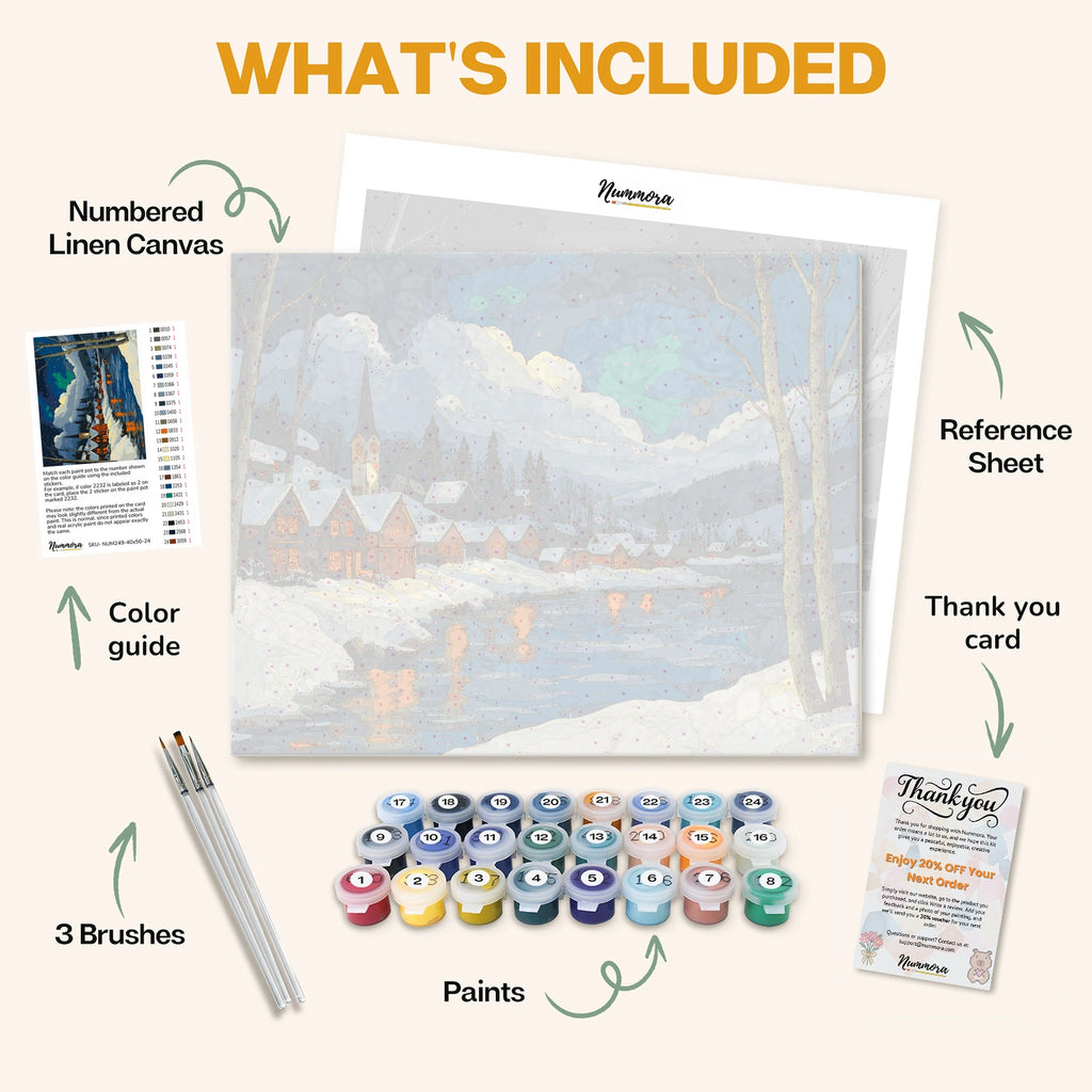What's included in the Northern Lights Haven paint by numbers kit: numbered linen canvas, reference sheet, color guide, 24 acrylic paints, 3 brushes and thank you card
