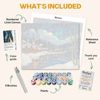 What's included in the Northern Lights Haven paint by numbers kit: numbered linen canvas, reference sheet, color guide, 24 acrylic paints, 3 brushes and thank you card