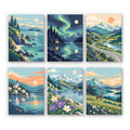 Northern Wilds mini paint by numbers set: six landscapes of fjords, northern lights, a mountain road, lakes and a deer