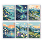 Northern Wilds mini paint by numbers set: six landscapes of fjords, northern lights, a mountain road, lakes and a deer