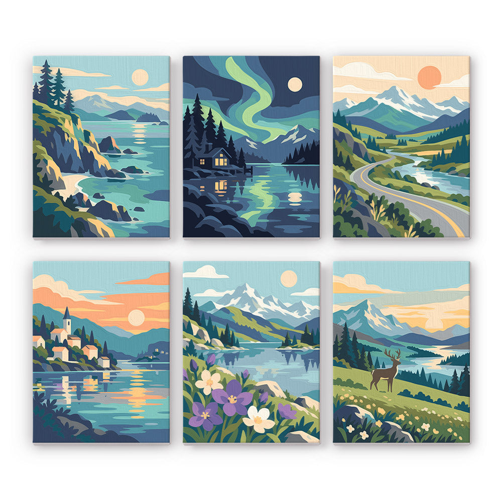Northern Wilds mini paint by numbers set: six landscapes of fjords, northern lights, a mountain road, lakes and a deer