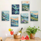 Six finished Northern Wilds mini paintings hung on a wall above a table