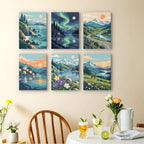 Northern Wilds mini paintings displayed as a gallery wall in a sunny kitchen
