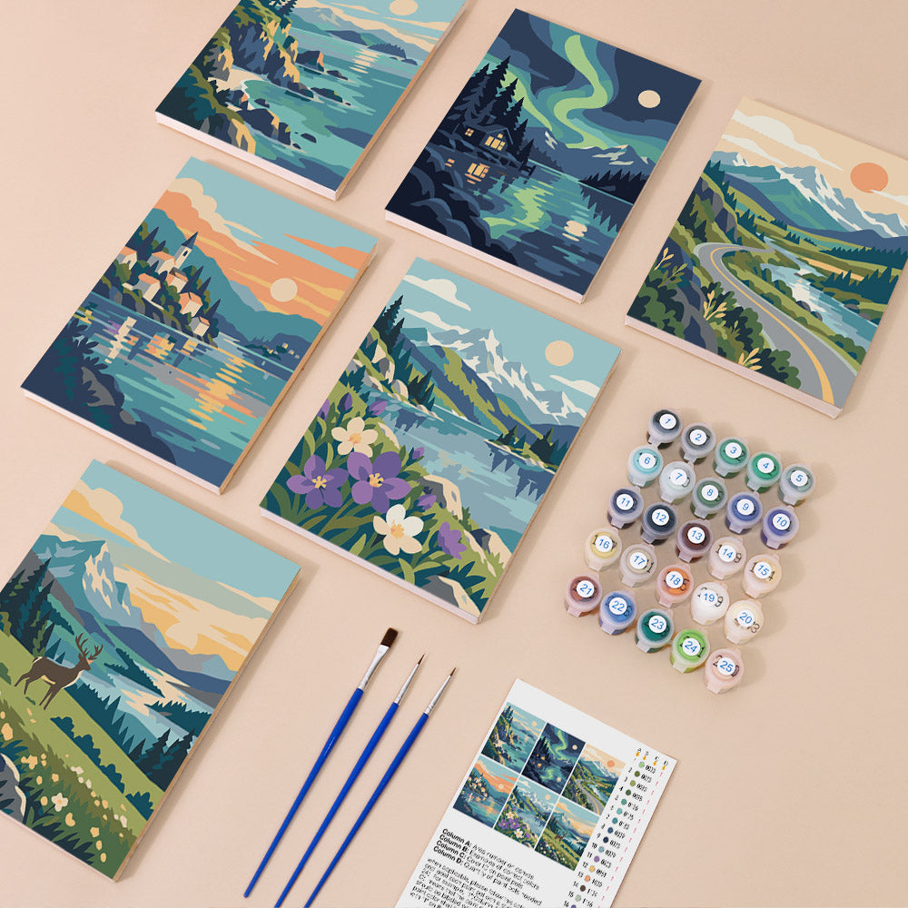 Northern Wilds mini paint by numbers kit with six numbered canvases, acrylic paints, brushes and layout