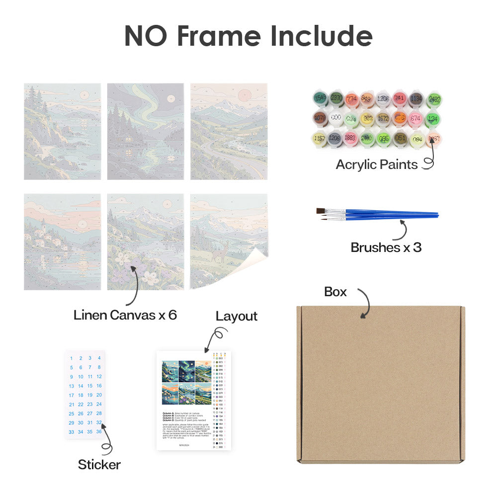 What's included without a frame: six rolled Northern Wilds mini canvases, acrylic paints, three brushes and layout