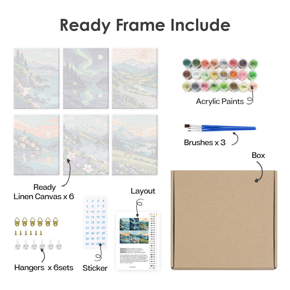 What's included pre-stretched on frame: six framed Northern Wilds mini canvases, paints, three brushes, hangers and layout