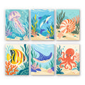 Ocean Friends mini paint by numbers set: six designs of a jellyfish, dolphin, nautilus, tropical fish, stingray and octopus