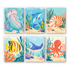 Ocean Friends mini paint by numbers set: six designs of a jellyfish, dolphin, nautilus, tropical fish, stingray and octopus