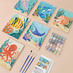 Ocean Friends mini paint by numbers kit with six numbered canvases, acrylic paints, brushes and layout