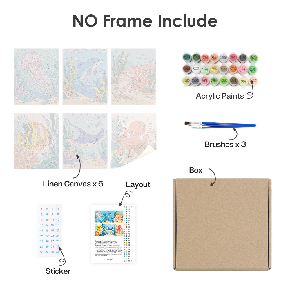 What's included without a frame: six rolled Ocean Friends mini canvases, acrylic paints, three brushes and layout
