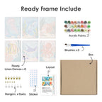 What's included pre-stretched on frame: six framed Ocean Friends mini canvases, paints, three brushes, hangers and layout