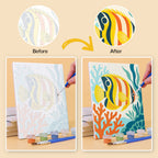 Before and after of an Ocean Friends mini paint by numbers canvas