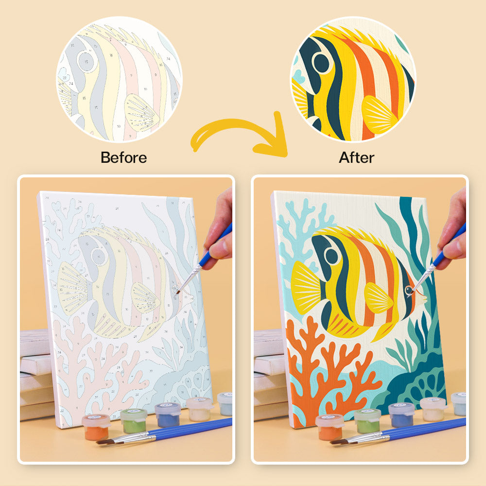 Before and after of an Ocean Friends mini paint by numbers canvas