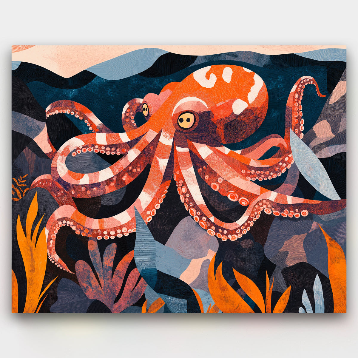 Colorful octopus illustration on a dark background with underwater plants.