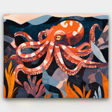 Colorful octopus illustration on a dark background with underwater plants.