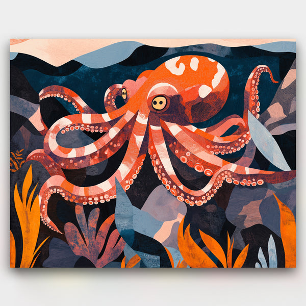 Colorful octopus illustration on a dark background with underwater plants.