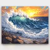 Painting of a large wave crashing onto rocks with a sunset sky.