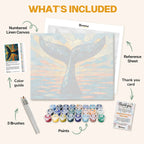 What's included in the Ocean’s Farewell paint by numbers kit: numbered linen canvas, reference sheet, color guide, 24 acrylic paints, 3 brushes and thank you card