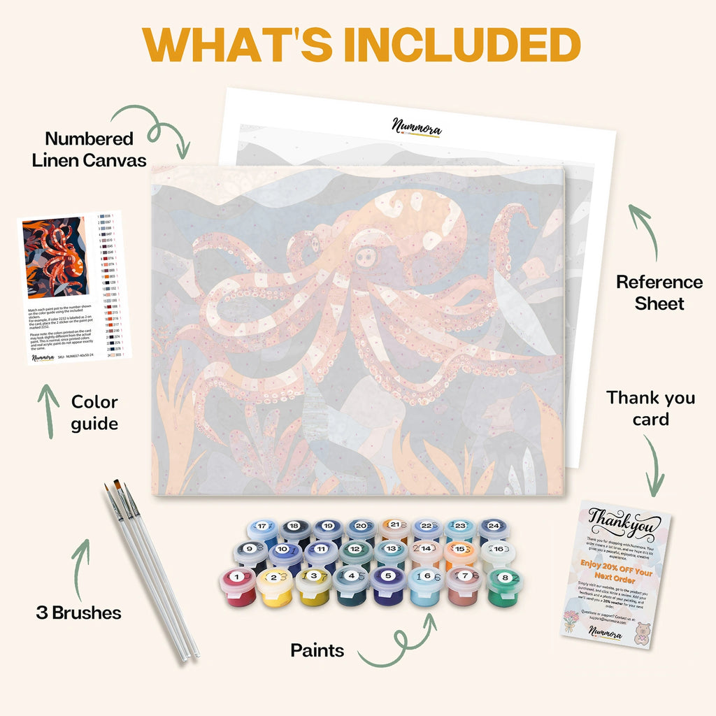 What's included in the Ocean’s Gentle Guardian paint by numbers kit: numbered linen canvas, reference sheet, color guide, 24 acrylic paints, 3 brushes and thank you card