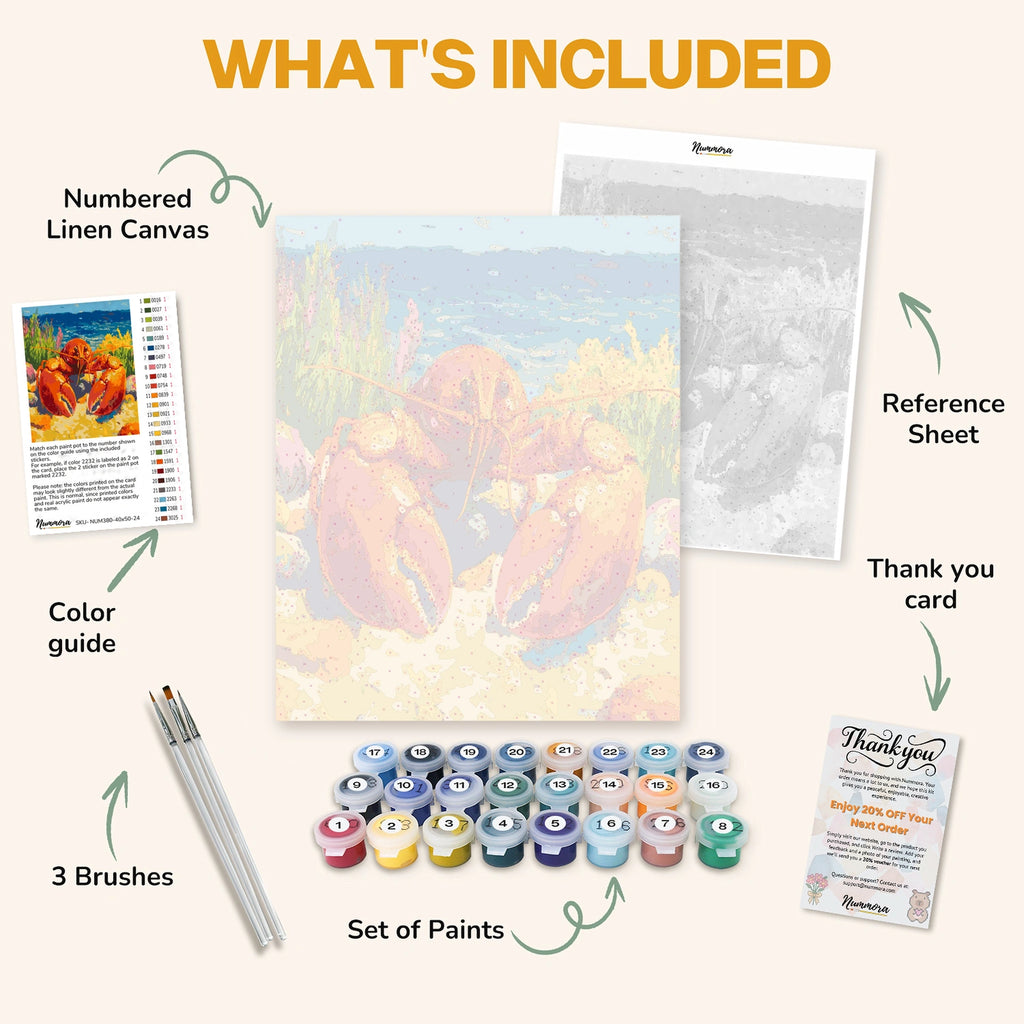 What's included in the Ocean's Red King paint by numbers kit: numbered linen canvas, reference sheet, color guide, 24 acrylic paints, 3 brushes and thank you card