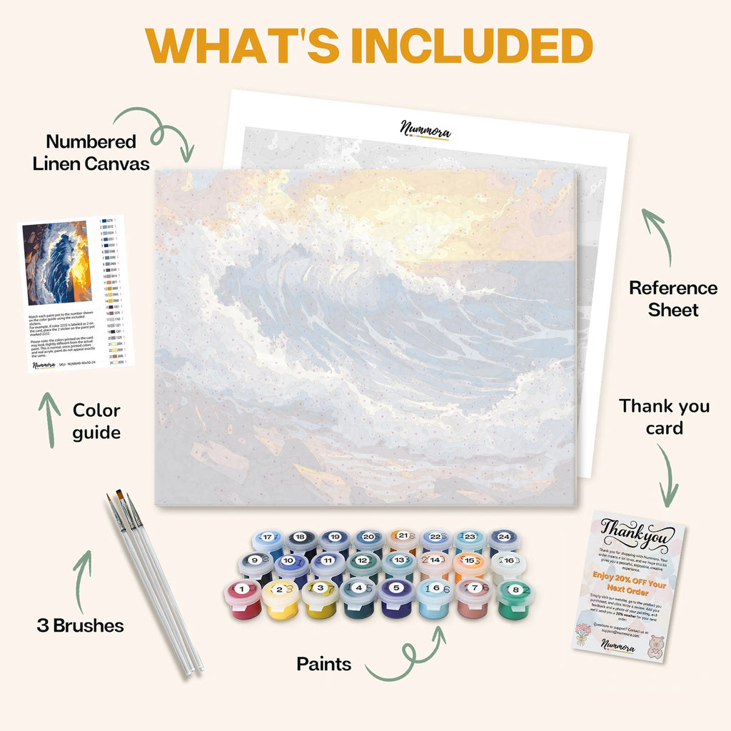 What's included in the Ocean’s Roar paint by numbers kit: numbered linen canvas, reference sheet, color guide, 24 acrylic paints, 3 brushes and thank you card