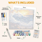 What's included in the Ocean’s Roar paint by numbers kit: numbered linen canvas, reference sheet, color guide, 24 acrylic paints, 3 brushes and thank you card