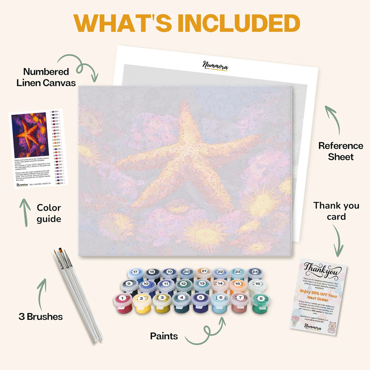 What's included in the Ocean's Shining Star paint by numbers kit: numbered linen canvas, reference sheet, color guide, 24 acrylic paints, 3 brushes and thank you card