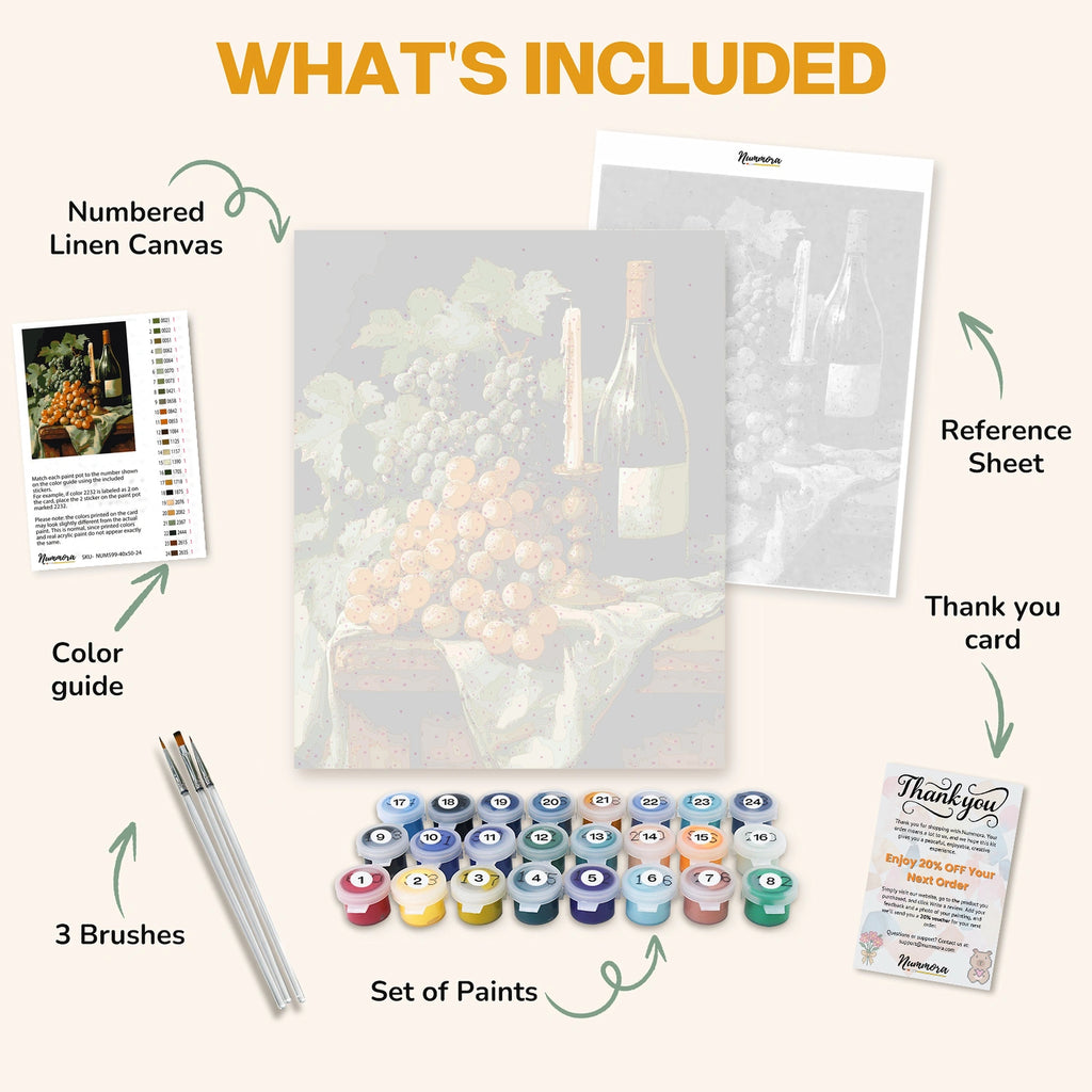 What's included in the Ode to Wine and Time paint by numbers kit: numbered linen canvas, reference sheet, color guide, 24 acrylic paints, 3 brushes and thank you card