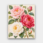 Old Garden Roses paint by numbers kit of pink, cream and crimson old garden roses with buds and leaves on cream paper