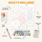 What's included in the Old Garden Roses paint by numbers kit: numbered linen canvas, reference sheet, color guide, 24 acrylic paints, 3 brushes and thank you card