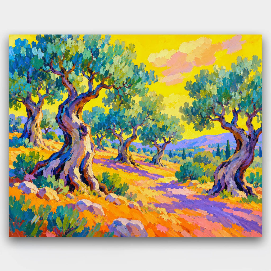 Olive Grove Ablaze paint by numbers kit of twisting olive trees with purple shadows under a hot yellow sky in Fauvist color