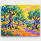 Olive Grove Ablaze paint by numbers kit of twisting olive trees with purple shadows under a hot yellow sky in Fauvist color