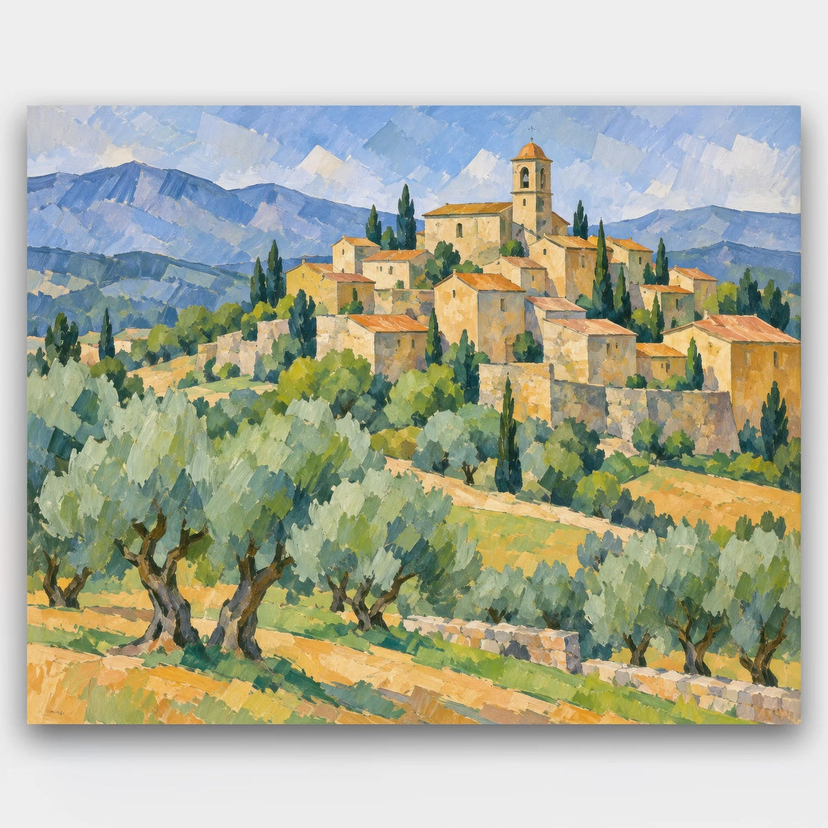 Olive Groves and Hill Town paint by numbers kit of silver olive groves below a hilltop stone village with a bell tower and blue mountains